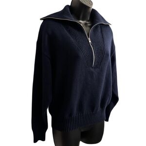 Ann Taylor Blue V-Neck Sweater with Relaxed Fit and Ribbed Cuffs